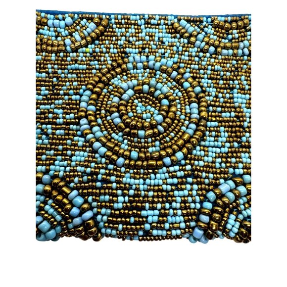 Hand Beaded Clutch Purse Blue Gold Beaded Evening Bag Beaded Intricate Design - Picture 2 of 10
